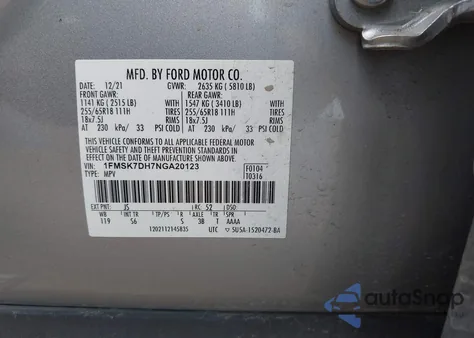 2022 Ford Explorer Xlt из США, поврежденный, VIN 1FMSK7DH7NGA20123